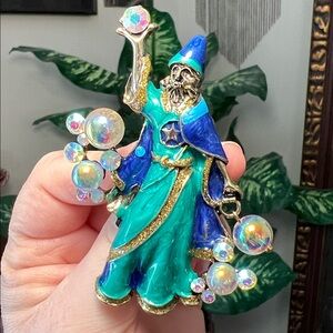 Amazing Wizard Enamel Gold Tone Brooch Aurora Borealis Gems Kirk’s Folly Style